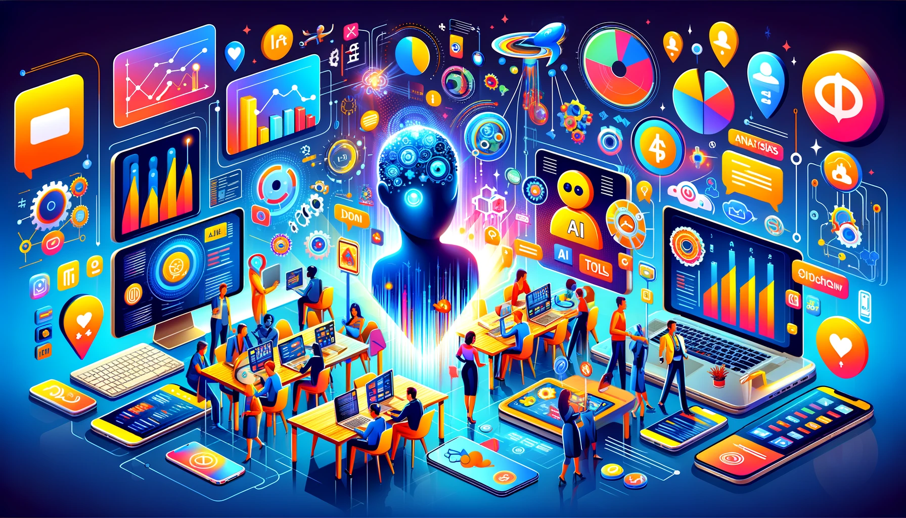 DALL·E-2024-05-17-13.42.45-A-dynamic-and-vibrant-illustration-showing-the-14-Best-AI-Tools-for-Digital-Marketing-Enthusiasts.-The-scene-features-a-mix-of-digital-marketing-ele DALL·E-2024-05-17-13.42.45-A-dynamic-and-vibrant-illustration-showing-the-14-Best-AI-Tools-for-Digital-Marketing-Enthusiasts.-The-scene-features-a-mix-of-digital-marketing-ele